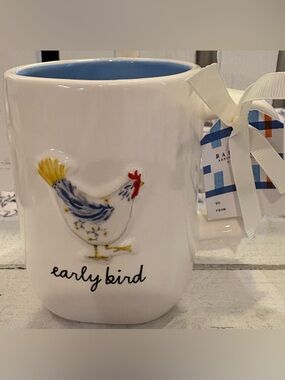 Rae Dunn White Mug with Blue Interior and Chicken Motif